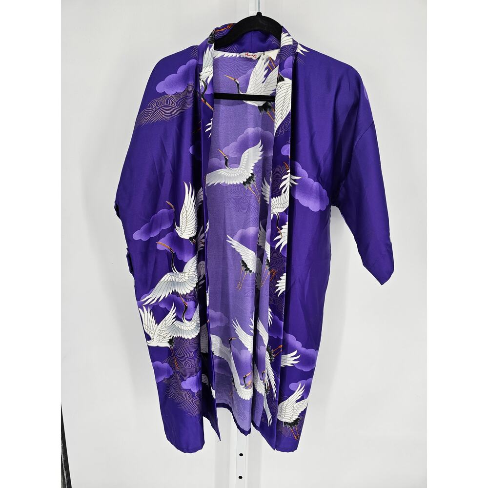 Marnkyo Women's Purple & White Crane 3/4 Sleeve Vintage Kimono Size L